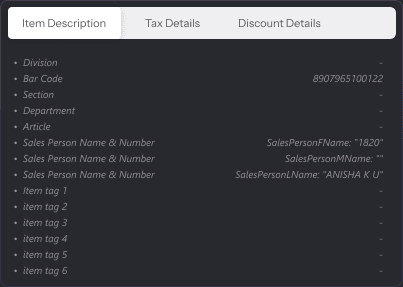 The per-row disclosure: a tabbed panel with Item Description, Tax Details and Discount Details, listing the raw POS fields for one line item