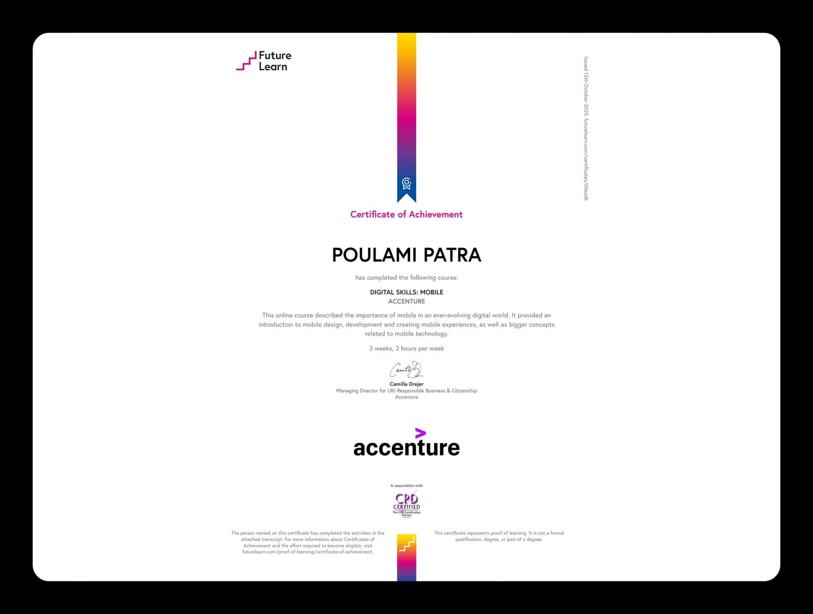 FutureLearn Certificate of Achievement — Digital Skills: Mobile, with Accenture