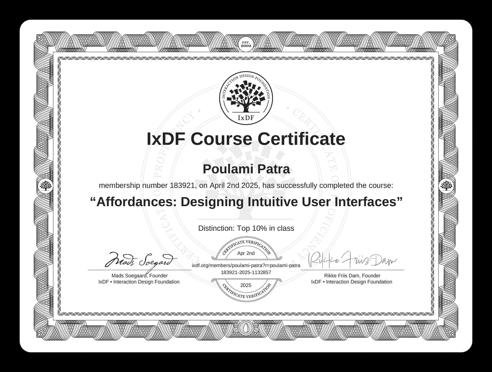 IxDF Course Certificate — “Affordances: Designing Intuitive User Interfaces”, Distinction: Top 10% in class