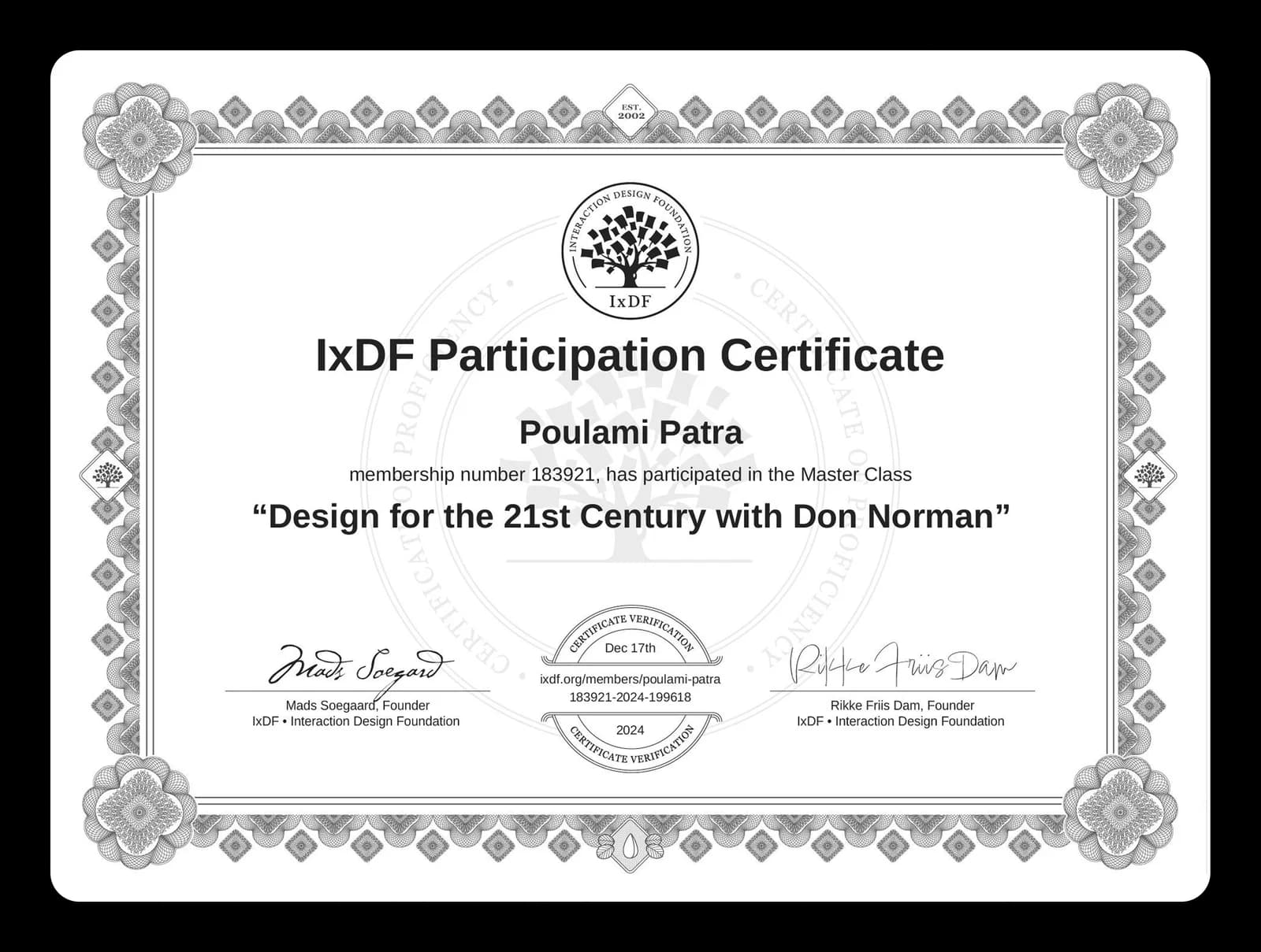 IxDF Participation Certificate — Master Class “Design for the 21st Century with Don Norman”