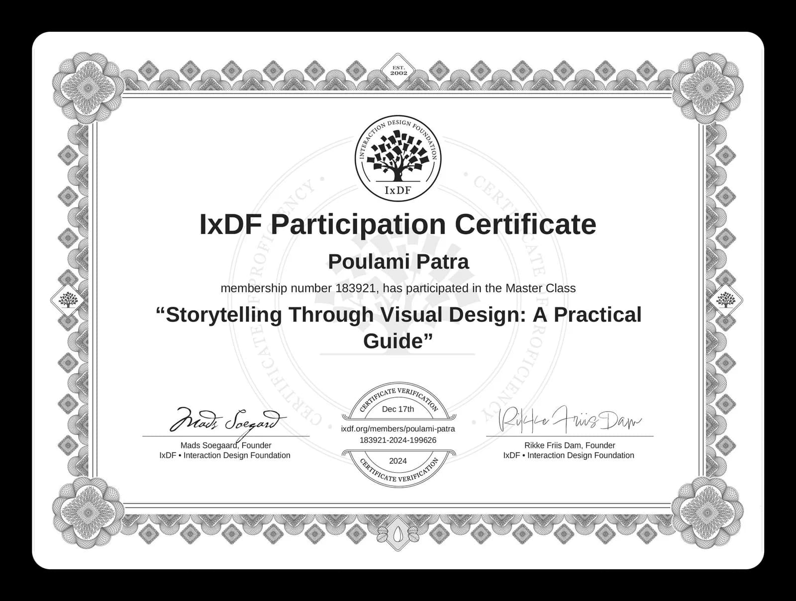 IxDF Participation Certificate — Master Class “Storytelling Through Visual Design: A Practical Guide”