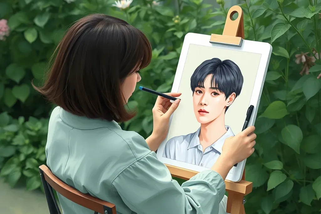 A girl sitting at a chair drawing on a tablet