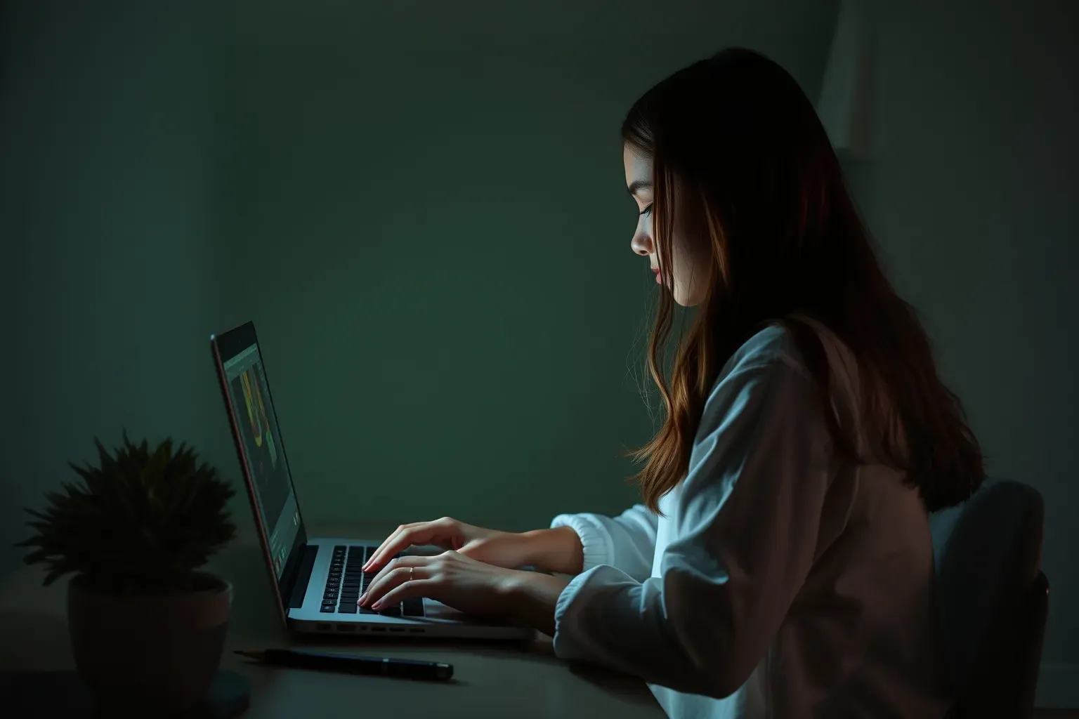 A girl editing videos on her laptop in a dark aesthetic room with sage green tones