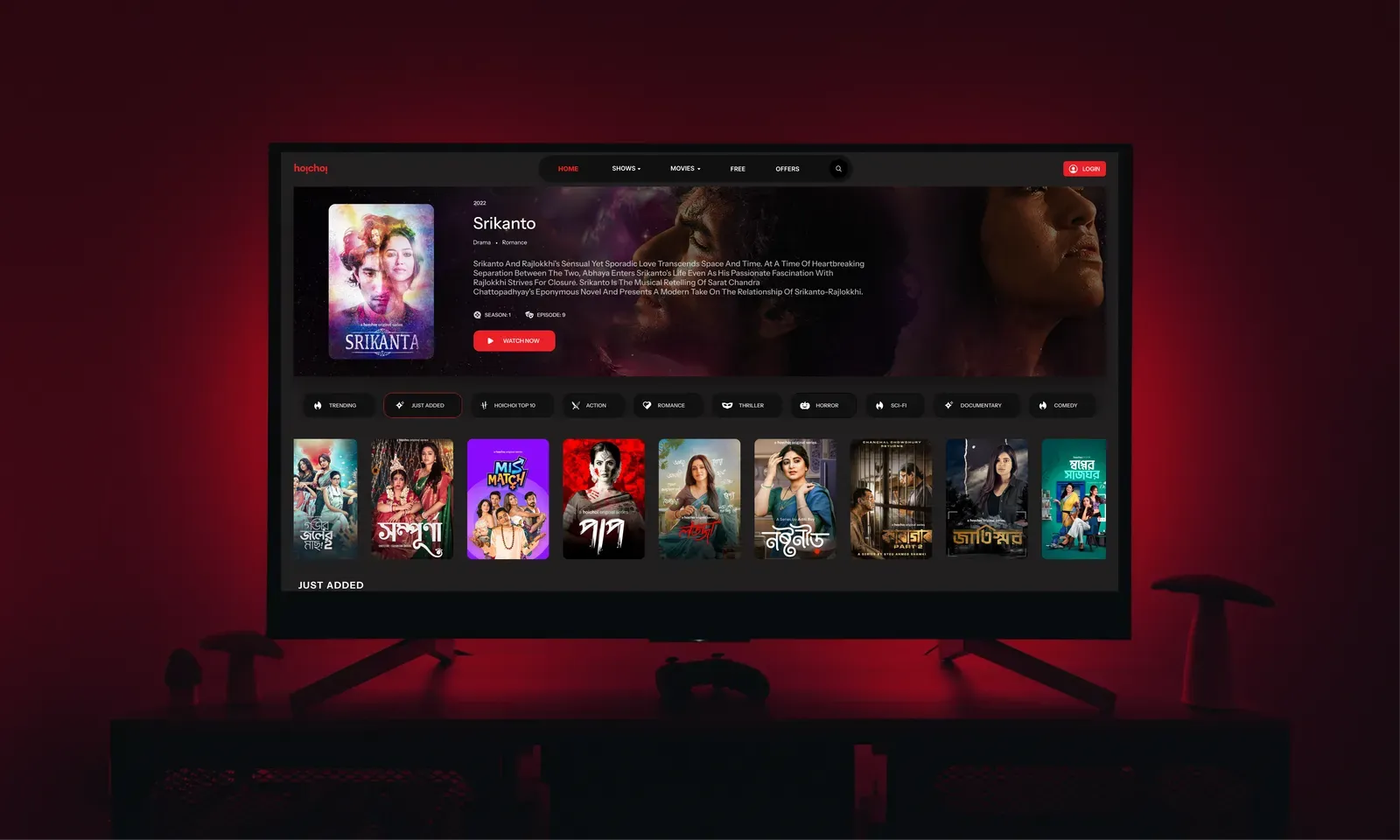 The redesigned hoichoi smart-TV home screen, with a featured series masthead, category filters and a content rail