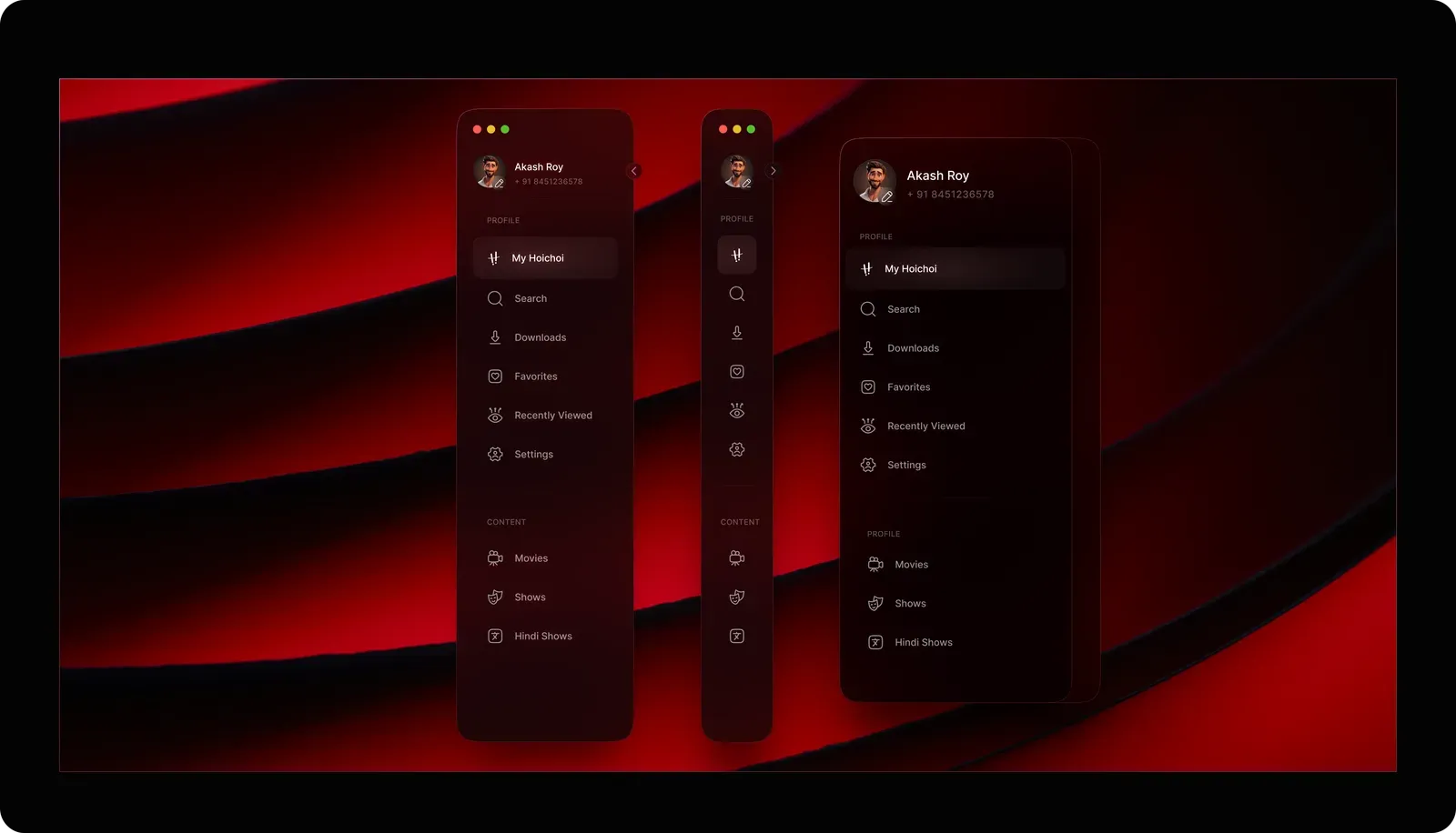 Redesigned hoichoi navigation shown in three states: expanded side rail, collapsed icon rail, and mobile — with Downloads, Favorites, Recently Viewed and Hindi Shows as first-class items
