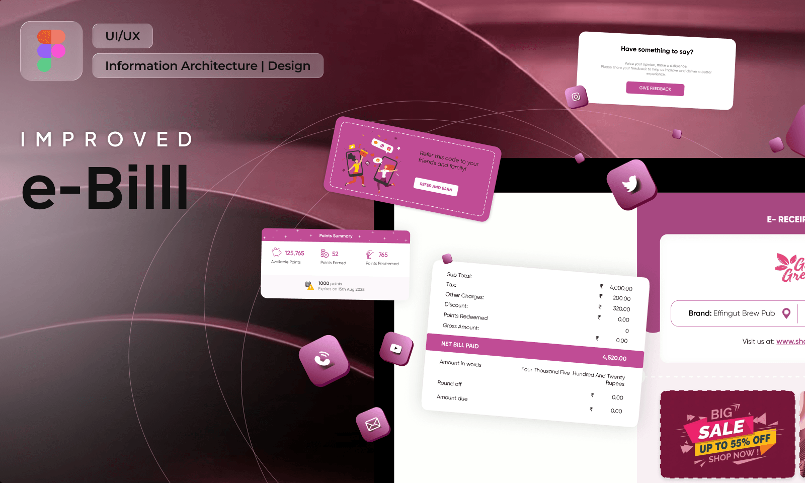 e-Bill improved — digital receipt with points, rewards, custom theming and a rating system, pink theme