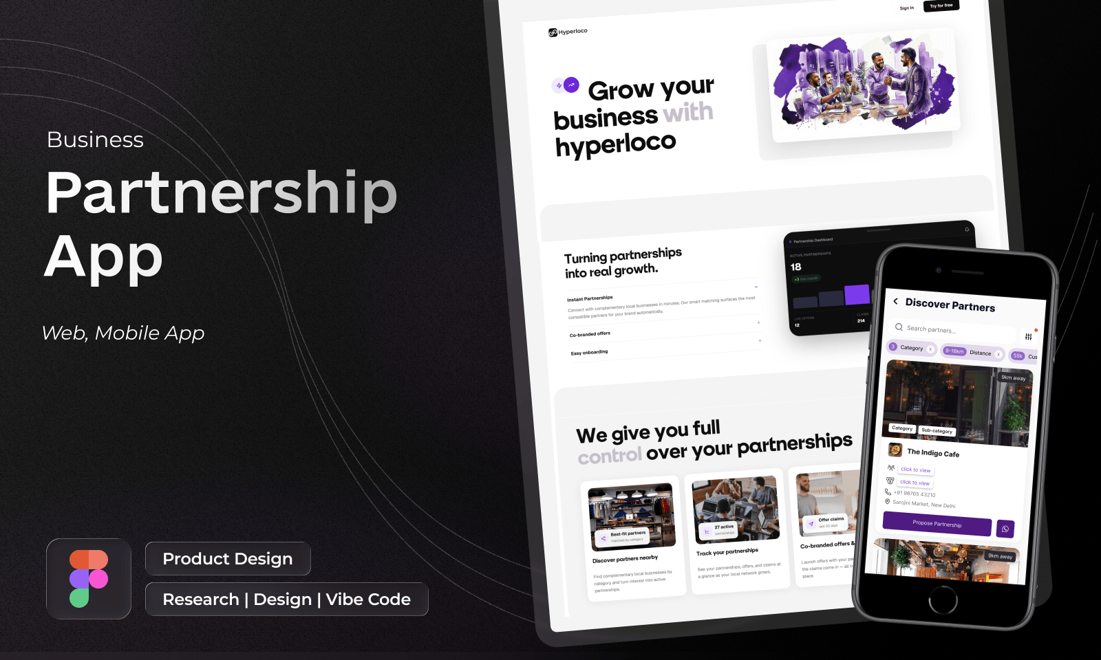 Hyperloco partnership app — business growth landing page, partnership dashboard and mobile discovery flow