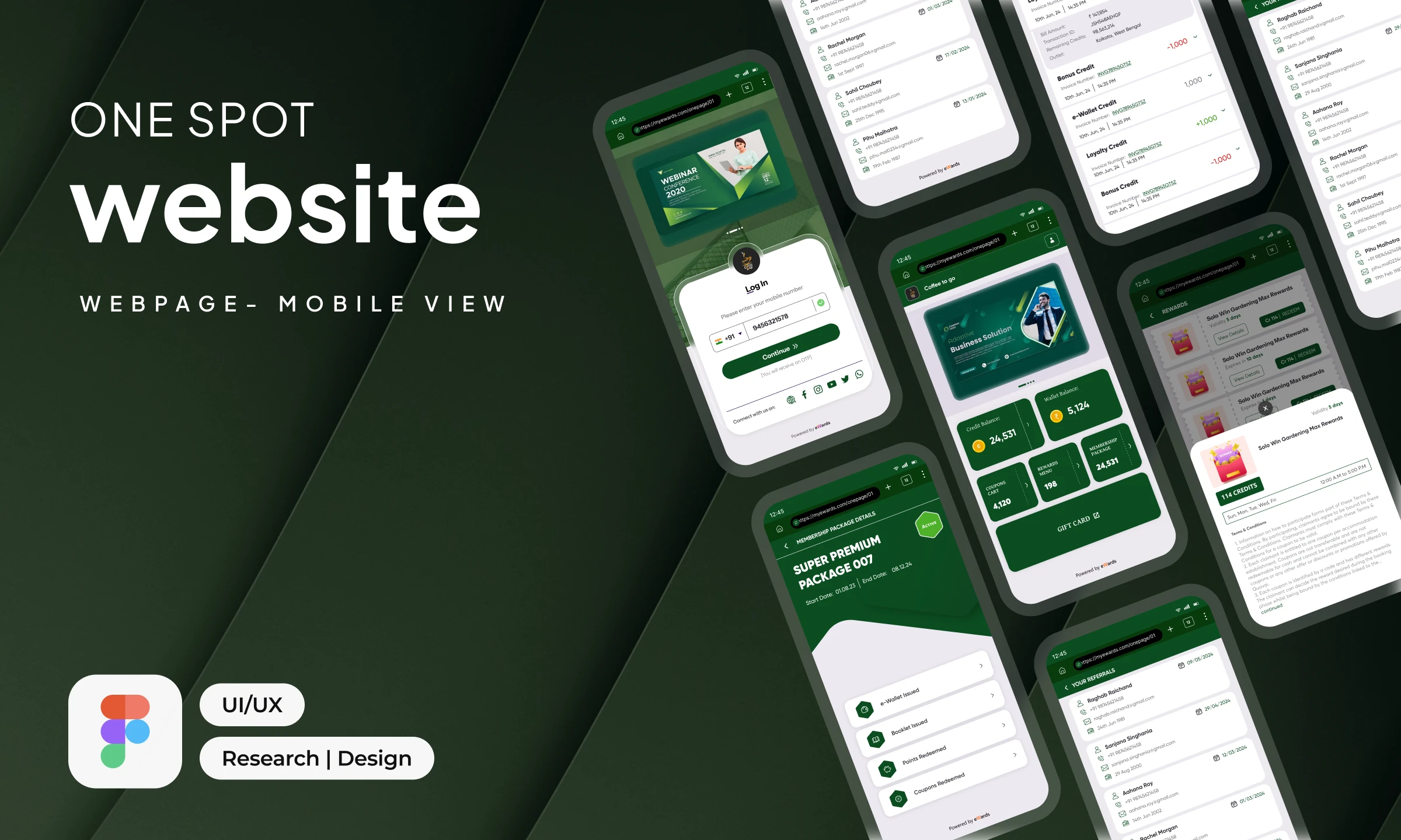 One-Spot loyalty web app — mobile screens for login, rewards, referrals and memberships