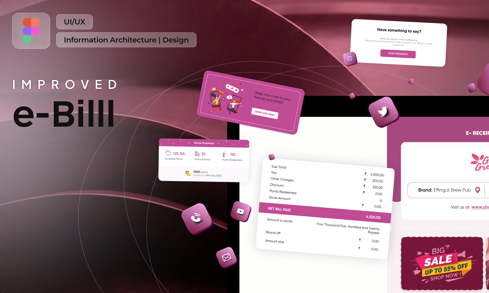e-Bill improved — digital receipt with points, rewards, custom theming and a rating system, pink theme