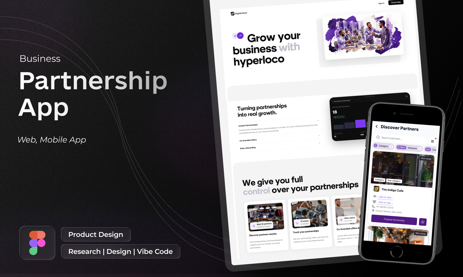 Hyperloco partnership app — business growth landing page, partnership dashboard and mobile discovery flow